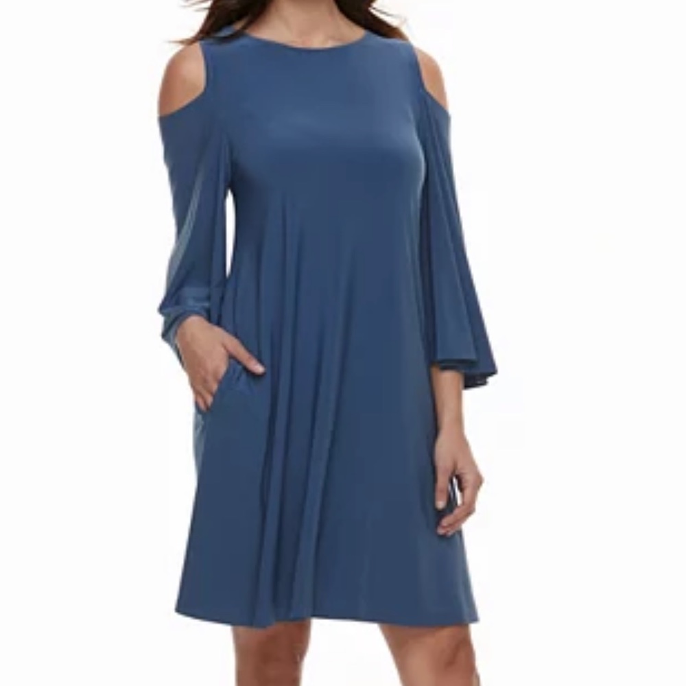 Nina Leonard GUC Draped Sleeve Cold-Shoulder Dress - Blue